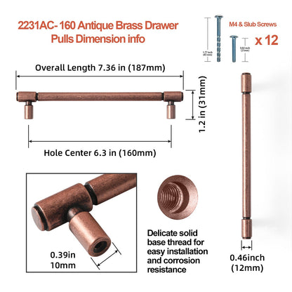 Retro Bar Handle for Dresser Cupboard Vintage Bronze Ancient Pull 6 Pack